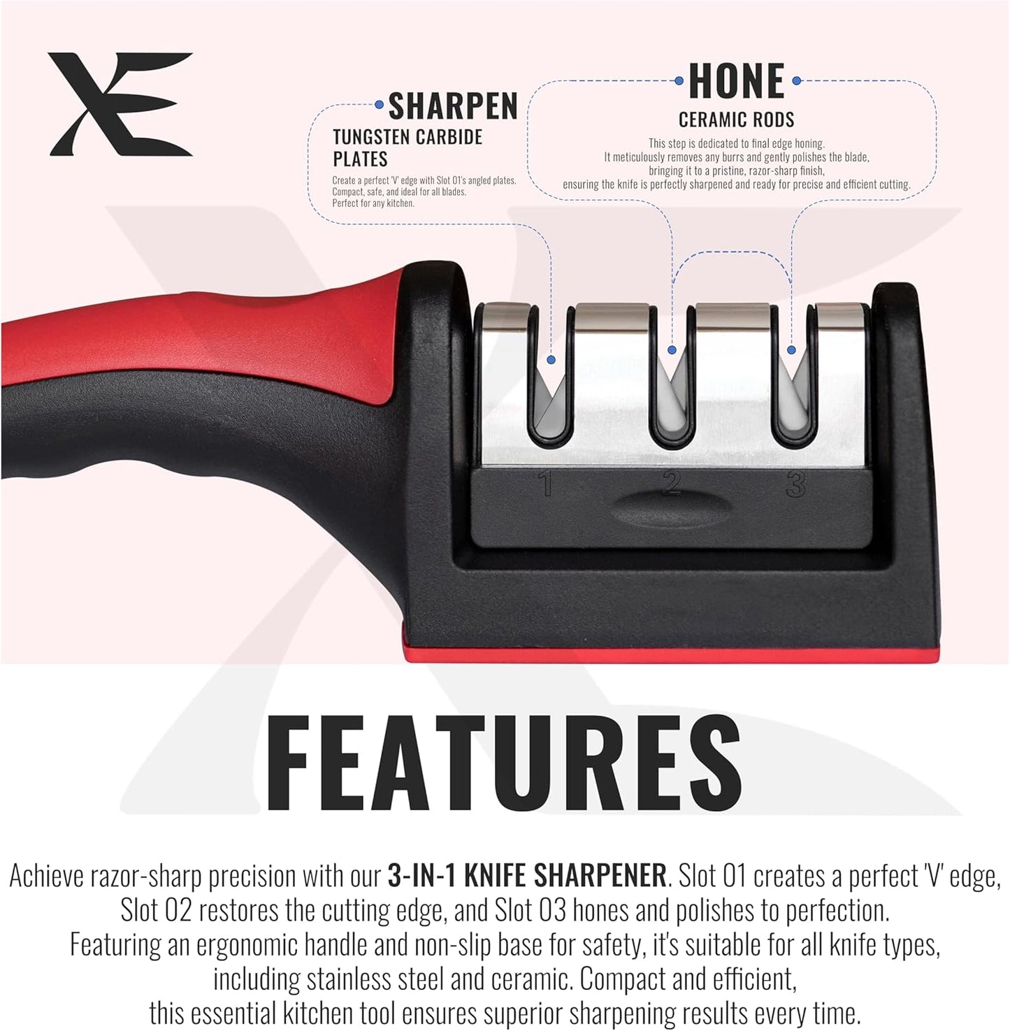 XE Kitchen Knife Sharpener – 3 Stage Manual Knife Sharpeners for Sharpening Home and Restaurant Knives - Ceramic Stone, Tungsten Carbide Plates Knife Sharpener Tool