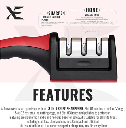 XE Kitchen Knife Sharpener – 3 Stage Manual Knife Sharpeners for Sharpening Home and Restaurant Knives - Ceramic Stone, Tungsten Carbide Plates Knife Sharpener Tool