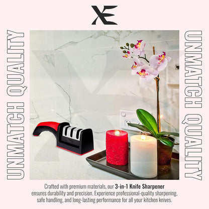 XE Kitchen Knife Sharpener – 3 Stage Manual Knife Sharpeners for Sharpening Home and Restaurant Knives - Ceramic Stone, Tungsten Carbide Plates Knife Sharpener Tool