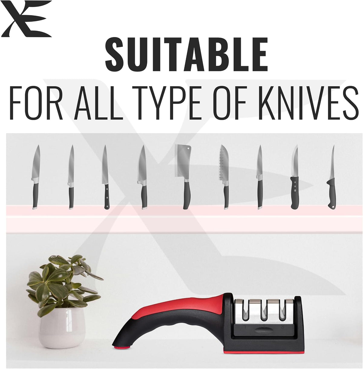 XE Kitchen Knife Sharpener – 3 Stage Manual Knife Sharpeners for Sharpening Home and Restaurant Knives - Ceramic Stone, Tungsten Carbide Plates Knife Sharpener Tool