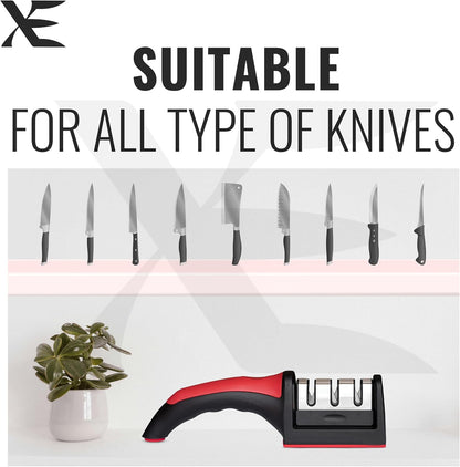 XE Kitchen Knife Sharpener – 3 Stage Manual Knife Sharpeners for Sharpening Home and Restaurant Knives - Ceramic Stone, Tungsten Carbide Plates Knife Sharpener Tool