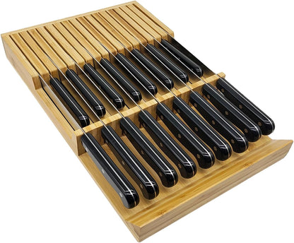 Natural Bamboo In-Drawer Knife Block, 17 Slot Large Capacity Knives Organizer, Upper and Lower Kitchen Steak Knife Storage Rack - Holds 8 Short + 9 Long Knives
