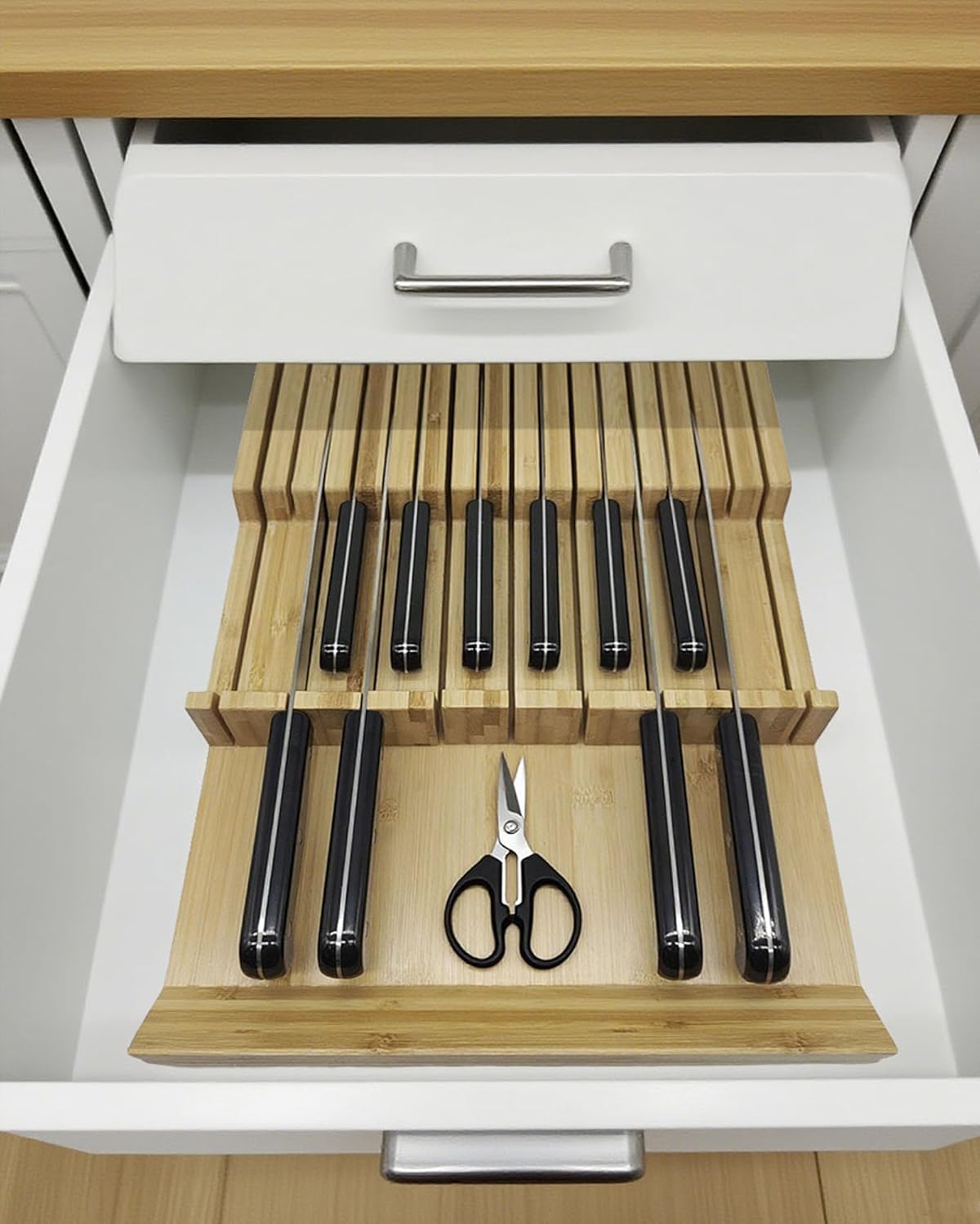 Natural Bamboo In-Drawer Knife Block, 17 Slot Large Capacity Knives Organizer, Upper and Lower Kitchen Steak Knife Storage Rack - Holds 8 Short + 9 Long Knives