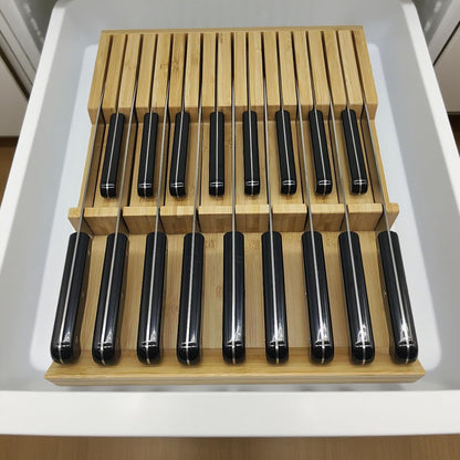 Natural Bamboo In-Drawer Knife Block, 17 Slot Large Capacity Knives Organizer, Upper and Lower Kitchen Steak Knife Storage Rack - Holds 8 Short + 9 Long Knives
