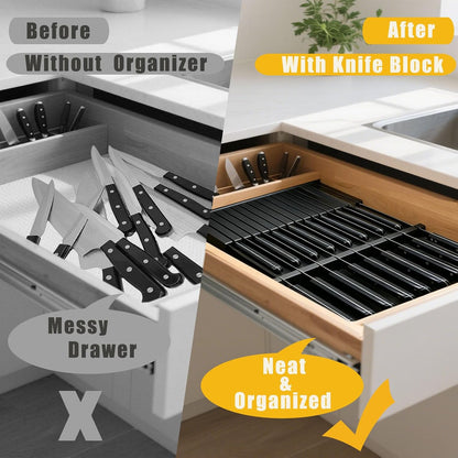 Natural Bamboo In-Drawer Knife Block, 17 Slot Large Capacity Knives Organizer, Upper and Lower Kitchen Steak Knife Storage Rack - Holds 8 Short + 9 Long Knives