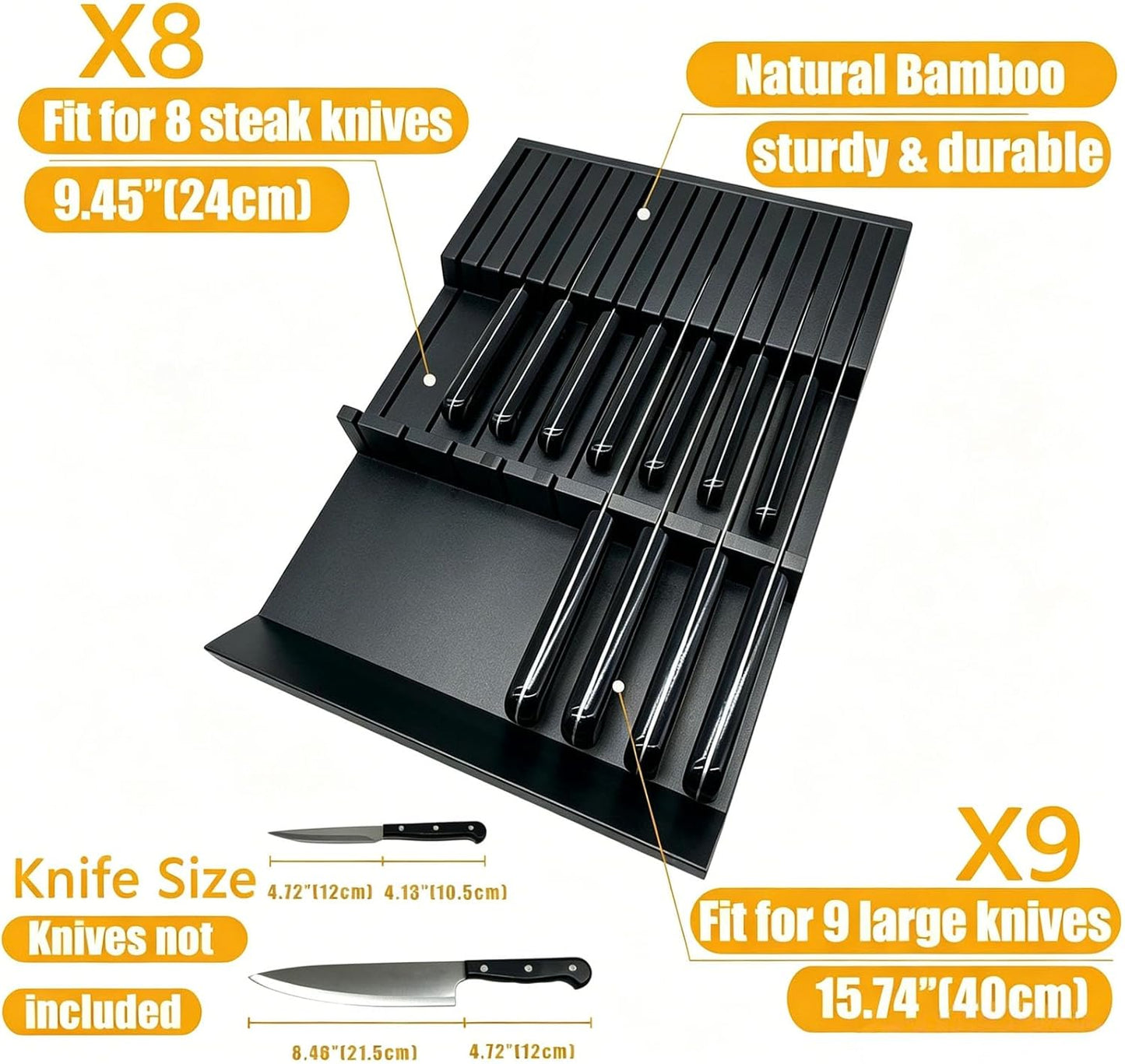 Natural Bamboo In-Drawer Knife Block, 17 Slot Large Capacity Knives Organizer, Upper and Lower Kitchen Steak Knife Storage Rack - Holds 8 Short + 9 Long Knives