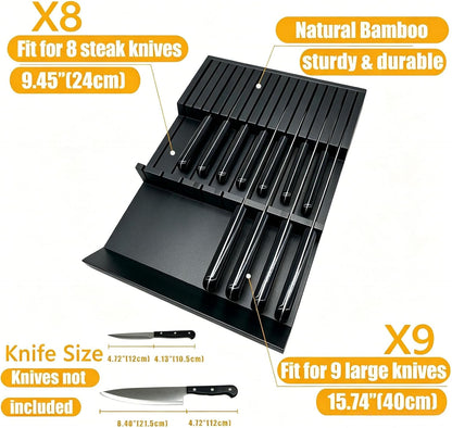 Natural Bamboo In-Drawer Knife Block, 17 Slot Large Capacity Knives Organizer, Upper and Lower Kitchen Steak Knife Storage Rack - Holds 8 Short + 9 Long Knives