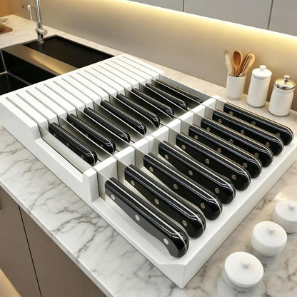 Natural Bamboo In-Drawer Knife Block, 17 Slot Large Capacity Knives Organizer, Upper and Lower Kitchen Steak Knife Storage Rack - Holds 8 Short + 9 Long Knives