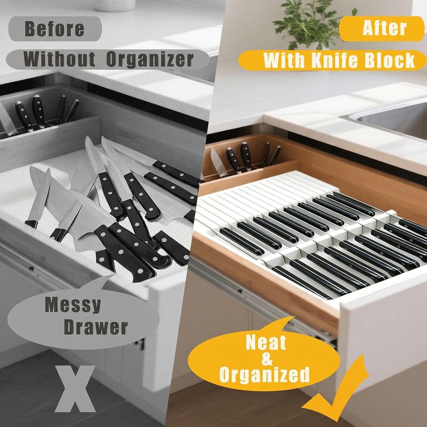 Natural Bamboo In-Drawer Knife Block, 17 Slot Large Capacity Knives Organizer, Upper and Lower Kitchen Steak Knife Storage Rack - Holds 8 Short + 9 Long Knives