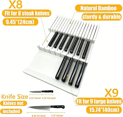 Natural Bamboo In-Drawer Knife Block, 17 Slot Large Capacity Knives Organizer, Upper and Lower Kitchen Steak Knife Storage Rack - Holds 8 Short + 9 Long Knives