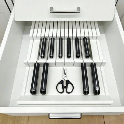 Natural Bamboo In-Drawer Knife Block, 17 Slot Large Capacity Knives Organizer, Upper and Lower Kitchen Steak Knife Storage Rack - Holds 8 Short + 9 Long Knives