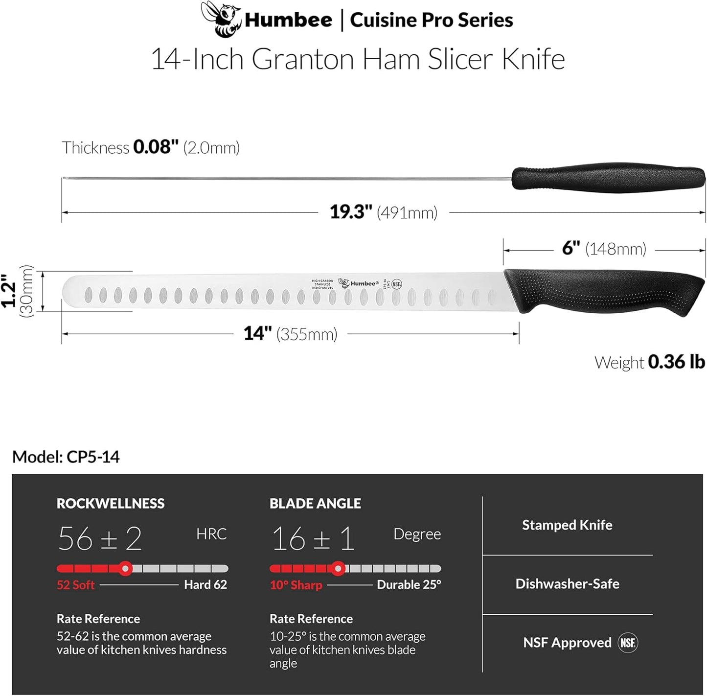 Carving Knife 14-Inch with Razor Sharp Granton Edge for Turkey, Ham, Meat Slicing and Cutting – NSF Certified, German Stainless Steel Blade, Black