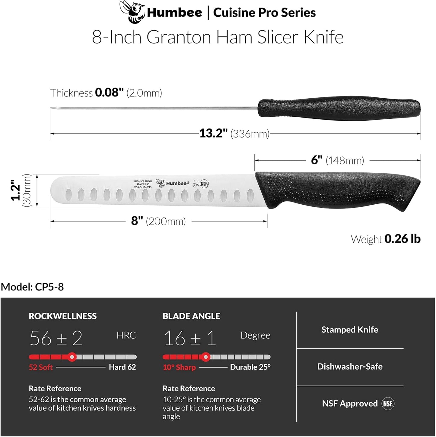 Carving Knife 14-Inch with Razor Sharp Granton Edge for Turkey, Ham, Meat Slicing and Cutting – NSF Certified, German Stainless Steel Blade, Black