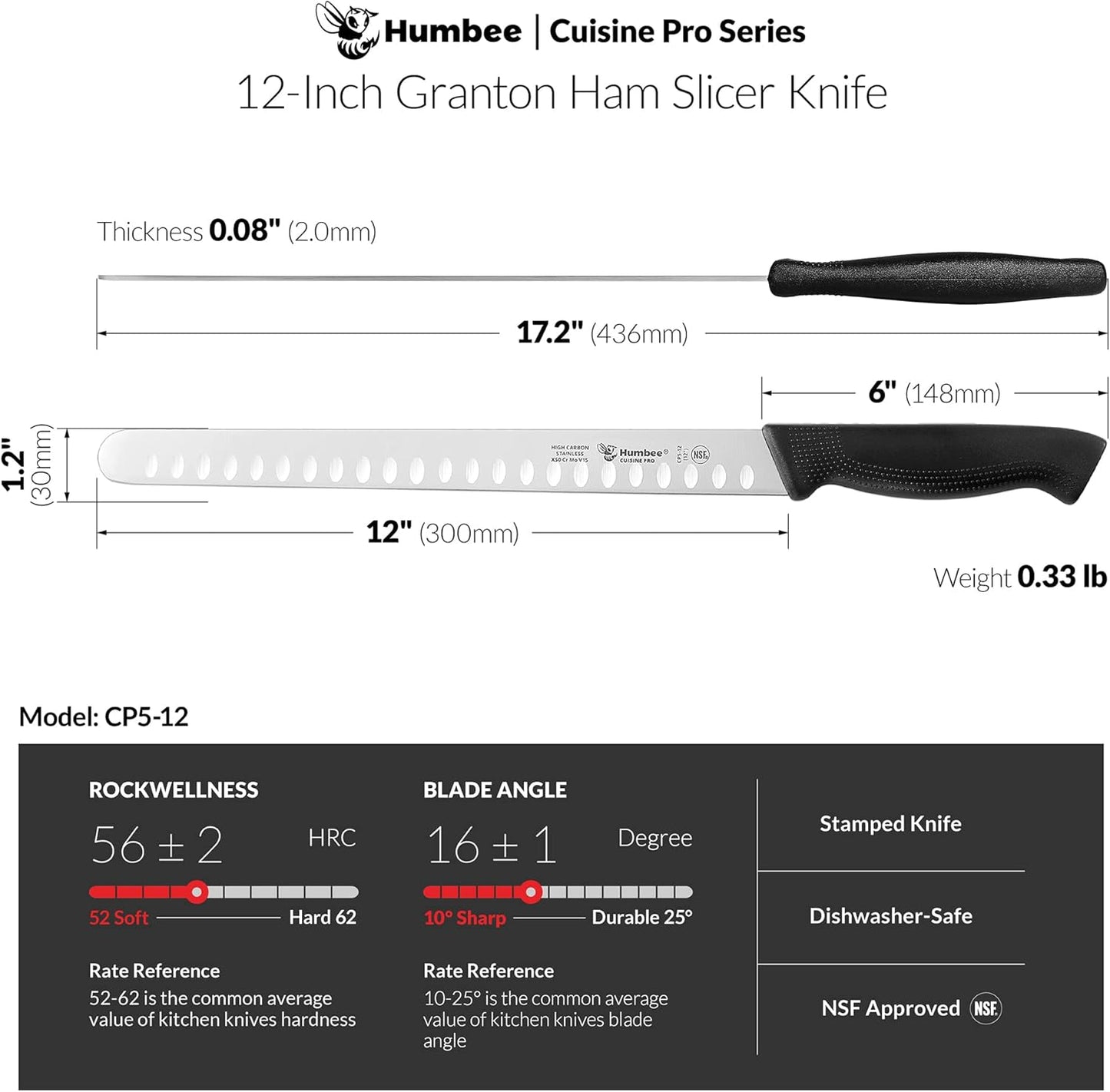Carving Knife 14-Inch with Razor Sharp Granton Edge for Turkey, Ham, Meat Slicing and Cutting – NSF Certified, German Stainless Steel Blade, Black