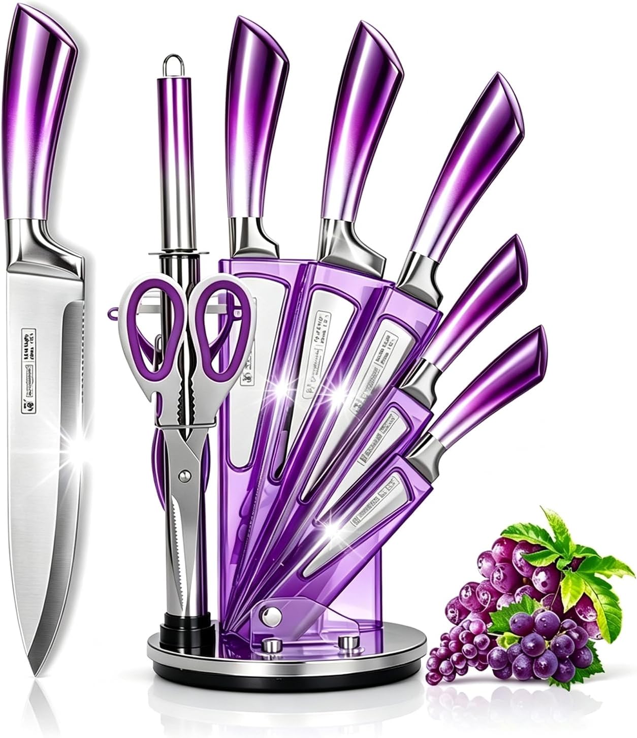 9Pcs Elegant Purple Kitchen Knife Set with Block,Gift For Kitchen Decor | High Carbon Stainless Steel Non Stick,Sharp,Chef Knife with Sharpener,Ergonomic Handle,Acrylic Holder,Cutlery Set for Women