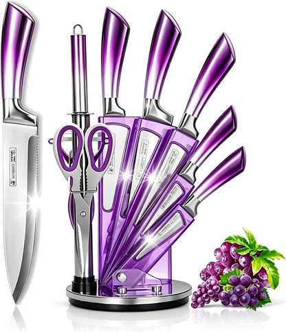 9Pcs Elegant Purple Kitchen Knife Set with Block,Gift For Kitchen Decor | High Carbon Stainless Steel Non Stick,Sharp,Chef Knife with Sharpener,Ergonomic Handle,Acrylic Holder,Cutlery Set for Women