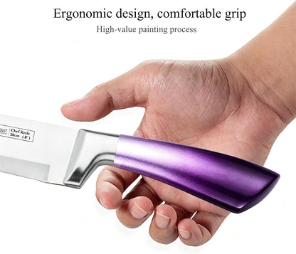 9Pcs Elegant Purple Kitchen Knife Set with Block,Gift For Kitchen Decor | High Carbon Stainless Steel Non Stick,Sharp,Chef Knife with Sharpener,Ergonomic Handle,Acrylic Holder,Cutlery Set for Women