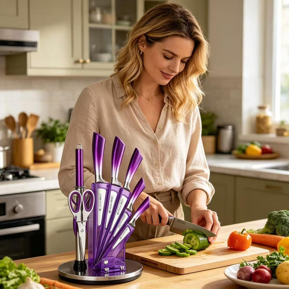 9Pcs Elegant Purple Kitchen Knife Set with Block,Gift For Kitchen Decor | High Carbon Stainless Steel Non Stick,Sharp,Chef Knife with Sharpener,Ergonomic Handle,Acrylic Holder,Cutlery Set for Women