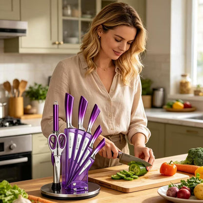 9Pcs Elegant Purple Kitchen Knife Set with Block,Gift For Kitchen Decor | High Carbon Stainless Steel Non Stick,Sharp,Chef Knife with Sharpener,Ergonomic Handle,Acrylic Holder,Cutlery Set for Women