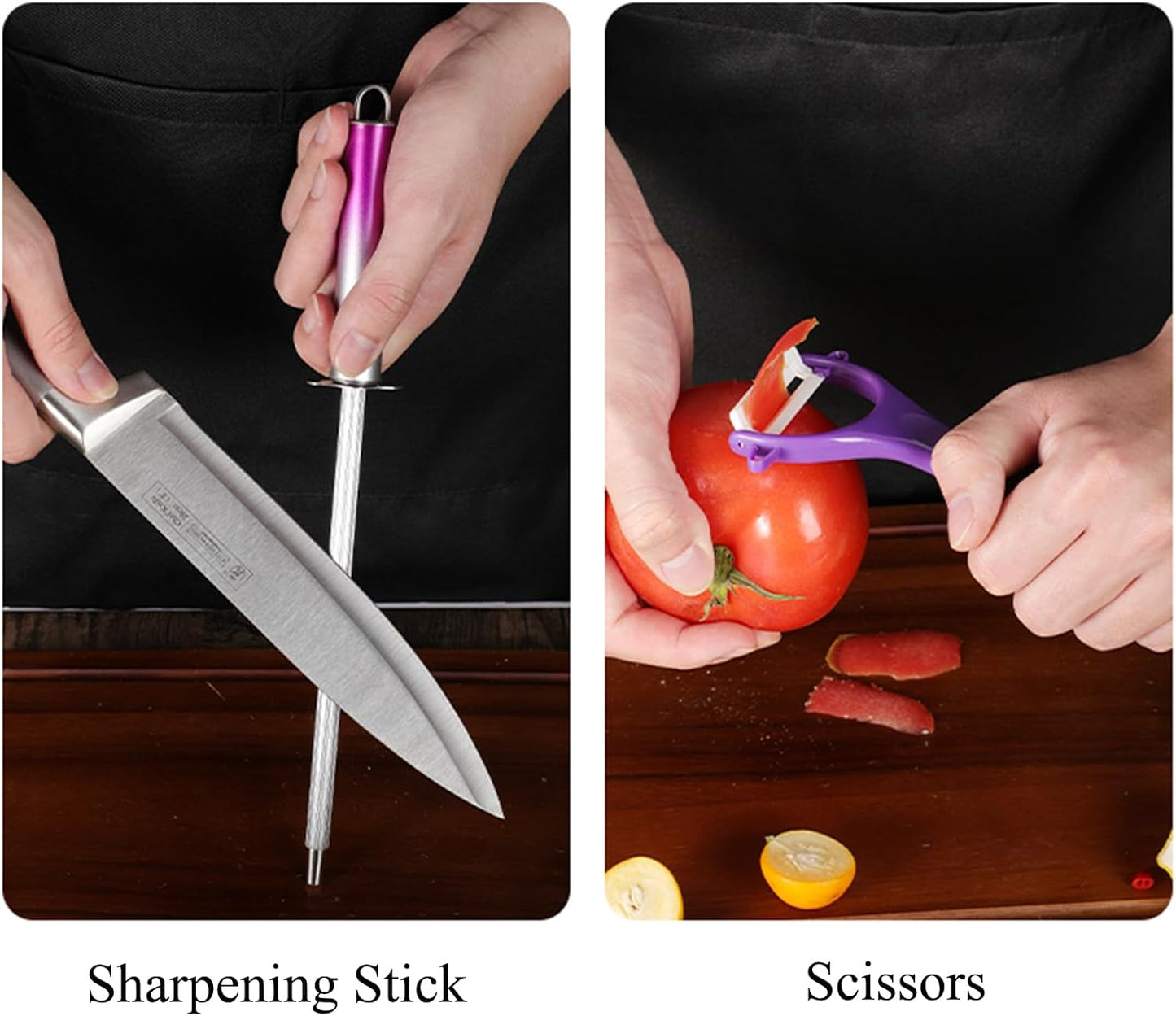 9Pcs Elegant Purple Kitchen Knife Set with Block,Gift For Kitchen Decor | High Carbon Stainless Steel Non Stick,Sharp,Chef Knife with Sharpener,Ergonomic Handle,Acrylic Holder,Cutlery Set for Women