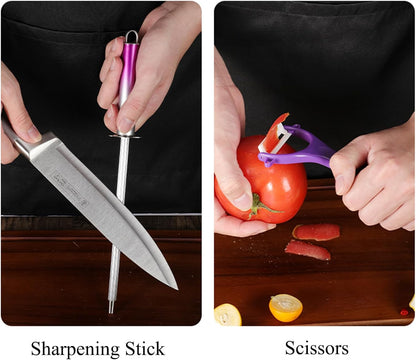 9Pcs Elegant Purple Kitchen Knife Set with Block,Gift For Kitchen Decor | High Carbon Stainless Steel Non Stick,Sharp,Chef Knife with Sharpener,Ergonomic Handle,Acrylic Holder,Cutlery Set for Women