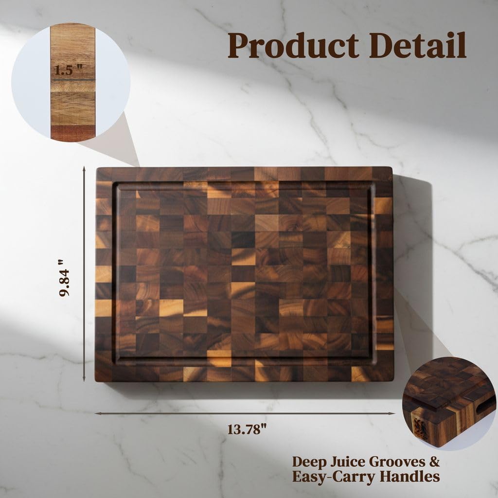 End Grain Acacia Wood Cutting Board 14" x 10" x 1.5", Thick Butcher Block with Deep Juice Groove & Handles. Knife Friendly Solid Hardwood Board for Meat, Chopping, Carving & BBQ by New M Way