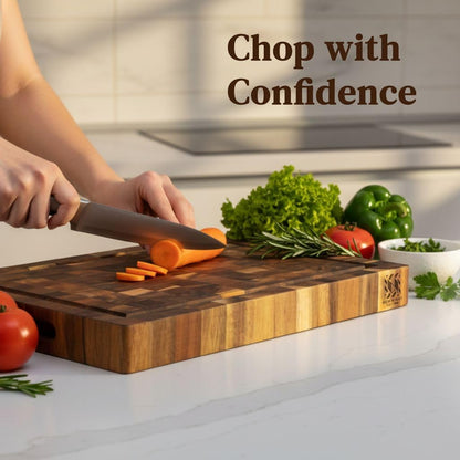 End Grain Acacia Wood Cutting Board 14" x 10" x 1.5", Thick Butcher Block with Deep Juice Groove & Handles. Knife Friendly Solid Hardwood Board for Meat, Chopping, Carving & BBQ by New M Way