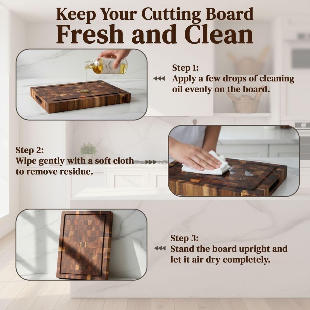 End Grain Acacia Wood Cutting Board 14" x 10" x 1.5", Thick Butcher Block with Deep Juice Groove & Handles. Knife Friendly Solid Hardwood Board for Meat, Chopping, Carving & BBQ by New M Way