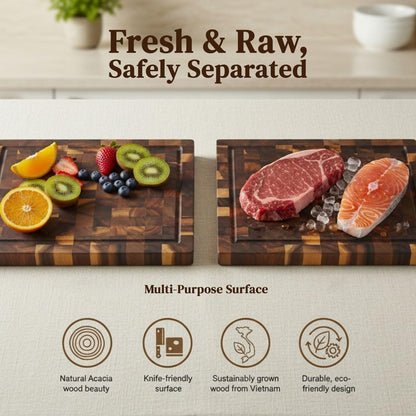 End Grain Acacia Wood Cutting Board 14" x 10" x 1.5", Thick Butcher Block with Deep Juice Groove & Handles. Knife Friendly Solid Hardwood Board for Meat, Chopping, Carving & BBQ by New M Way