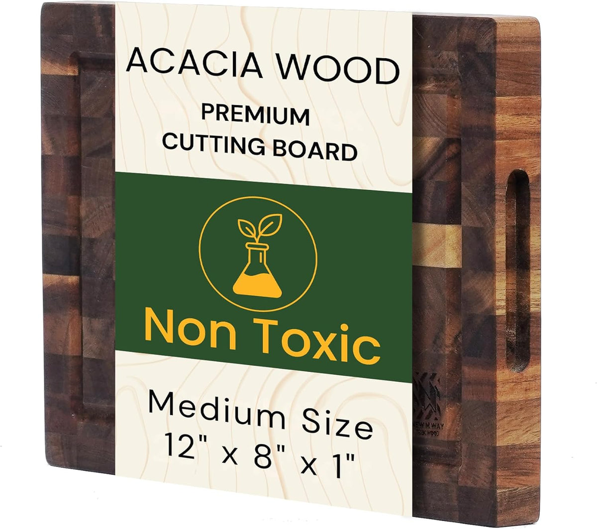 End Grain Acacia Wood Cutting Board 14" x 10" x 1.5", Thick Butcher Block with Deep Juice Groove & Handles. Knife Friendly Solid Hardwood Board for Meat, Chopping, Carving & BBQ by New M Way