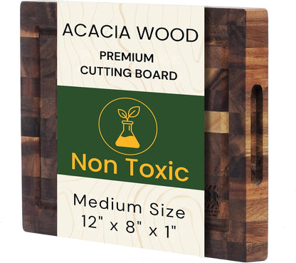 End Grain Acacia Wood Cutting Board 14" x 10" x 1.5", Thick Butcher Block with Deep Juice Groove & Handles. Knife Friendly Solid Hardwood Board for Meat, Chopping, Carving & BBQ by New M Way