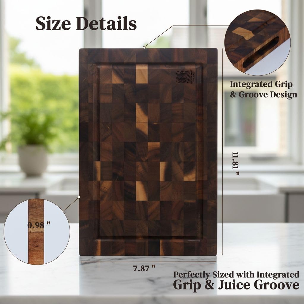 End Grain Acacia Wood Cutting Board 14" x 10" x 1.5", Thick Butcher Block with Deep Juice Groove & Handles. Knife Friendly Solid Hardwood Board for Meat, Chopping, Carving & BBQ by New M Way