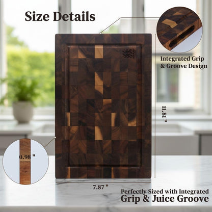 End Grain Acacia Wood Cutting Board 14" x 10" x 1.5", Thick Butcher Block with Deep Juice Groove & Handles. Knife Friendly Solid Hardwood Board for Meat, Chopping, Carving & BBQ by New M Way