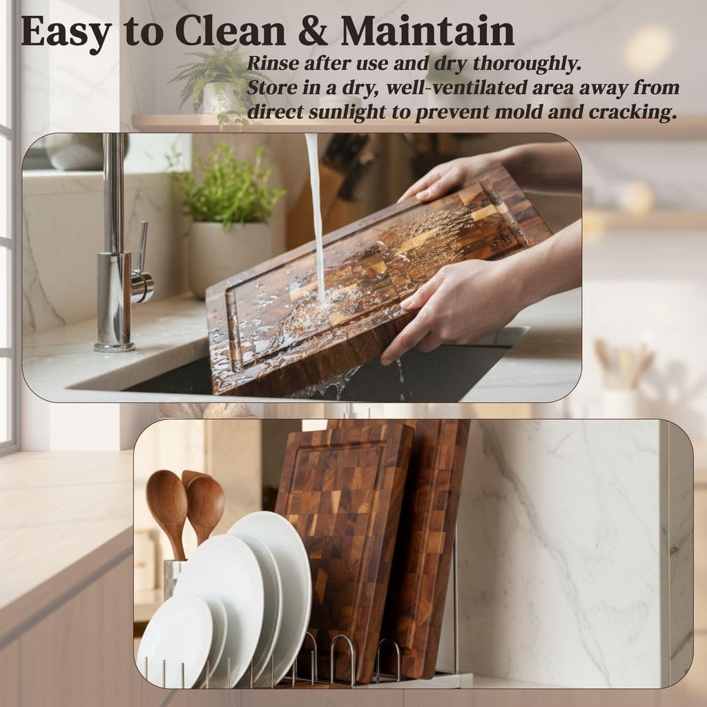 End Grain Acacia Wood Cutting Board 14" x 10" x 1.5", Thick Butcher Block with Deep Juice Groove & Handles. Knife Friendly Solid Hardwood Board for Meat, Chopping, Carving & BBQ by New M Way