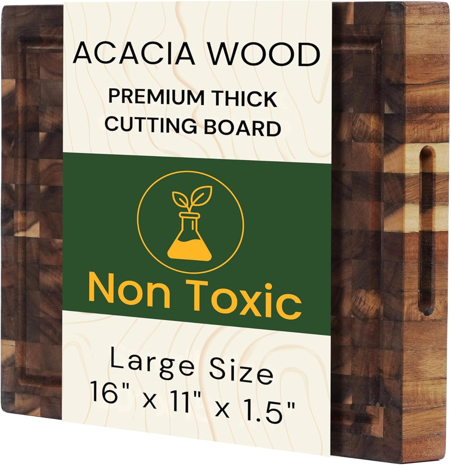 End Grain Acacia Wood Cutting Board 14" x 10" x 1.5", Thick Butcher Block with Deep Juice Groove & Handles. Knife Friendly Solid Hardwood Board for Meat, Chopping, Carving & BBQ by New M Way
