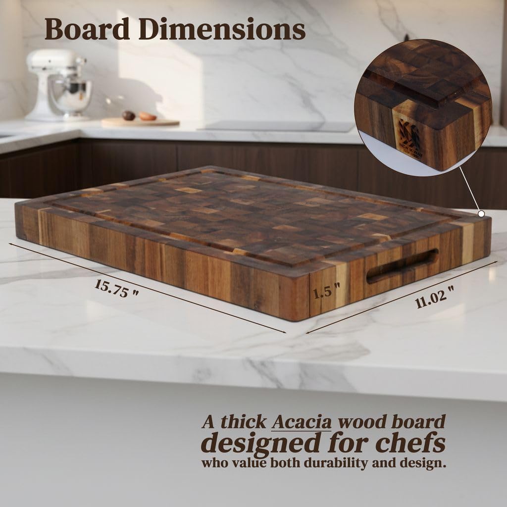 End Grain Acacia Wood Cutting Board 14" x 10" x 1.5", Thick Butcher Block with Deep Juice Groove & Handles. Knife Friendly Solid Hardwood Board for Meat, Chopping, Carving & BBQ by New M Way