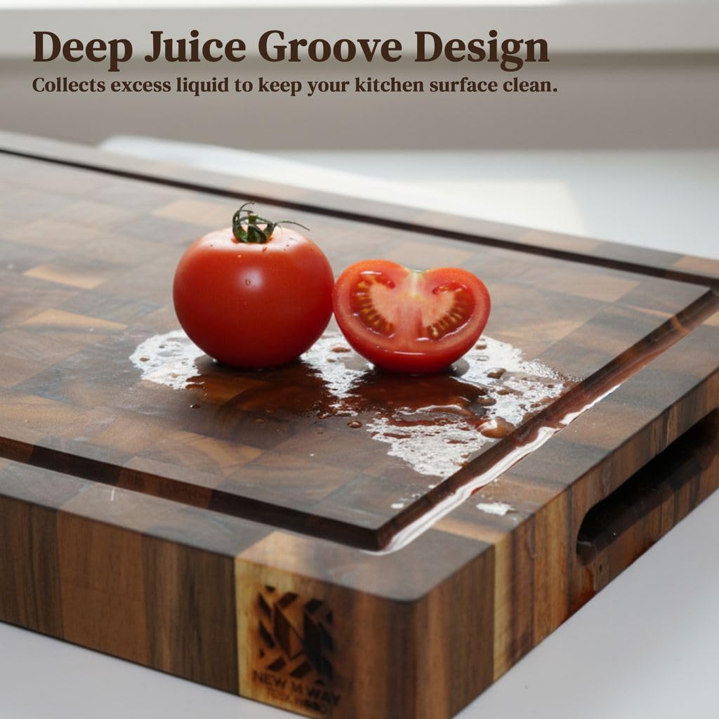 End Grain Acacia Wood Cutting Board 14" x 10" x 1.5", Thick Butcher Block with Deep Juice Groove & Handles. Knife Friendly Solid Hardwood Board for Meat, Chopping, Carving & BBQ by New M Way