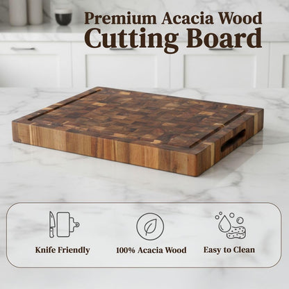 End Grain Acacia Wood Cutting Board 14" x 10" x 1.5", Thick Butcher Block with Deep Juice Groove & Handles. Knife Friendly Solid Hardwood Board for Meat, Chopping, Carving & BBQ by New M Way