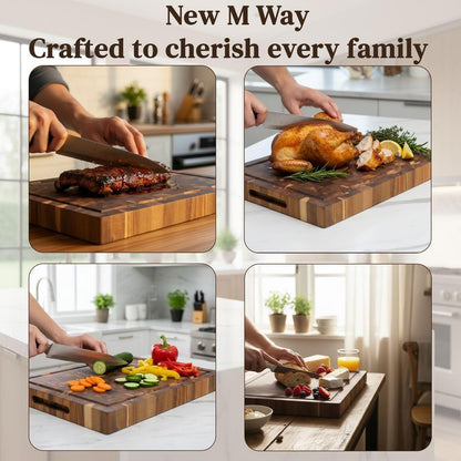 End Grain Acacia Wood Cutting Board 14" x 10" x 1.5", Thick Butcher Block with Deep Juice Groove & Handles. Knife Friendly Solid Hardwood Board for Meat, Chopping, Carving & BBQ by New M Way