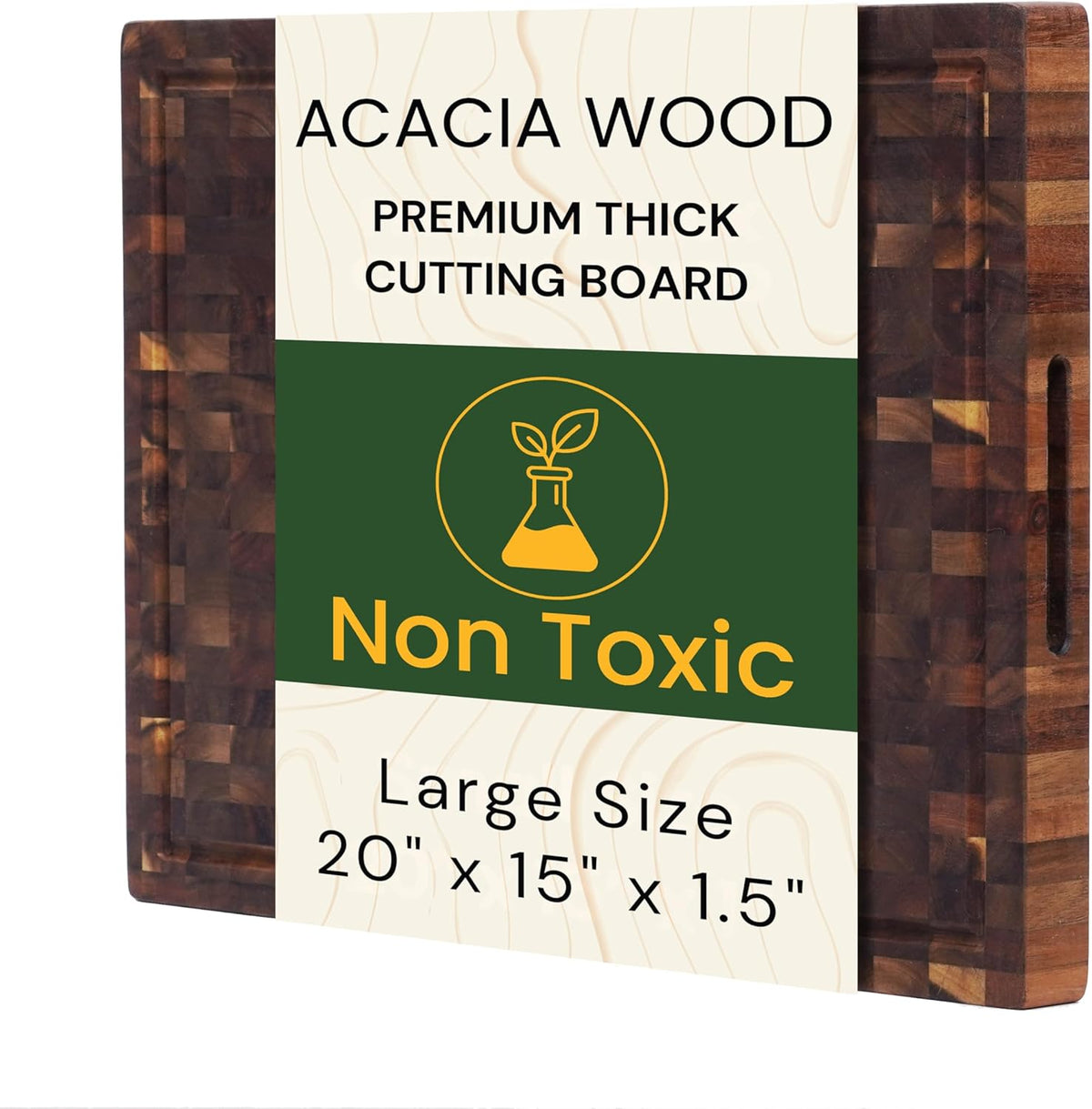 End Grain Acacia Wood Cutting Board 14" x 10" x 1.5", Thick Butcher Block with Deep Juice Groove & Handles. Knife Friendly Solid Hardwood Board for Meat, Chopping, Carving & BBQ by New M Way
