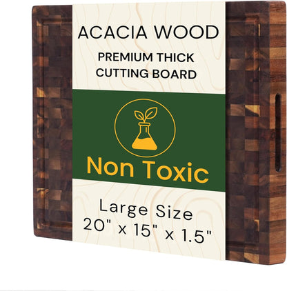 End Grain Acacia Wood Cutting Board 14" x 10" x 1.5", Thick Butcher Block with Deep Juice Groove & Handles. Knife Friendly Solid Hardwood Board for Meat, Chopping, Carving & BBQ by New M Way
