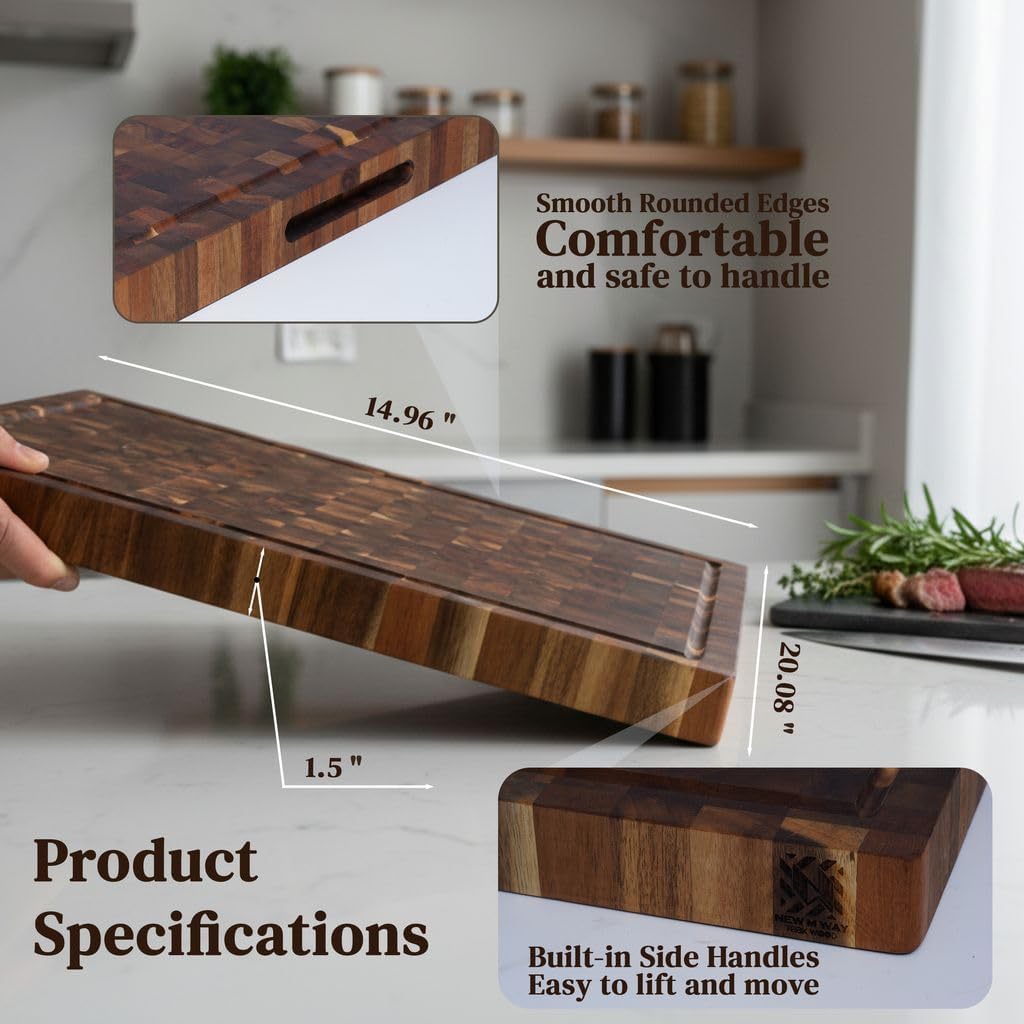 End Grain Acacia Wood Cutting Board 14" x 10" x 1.5", Thick Butcher Block with Deep Juice Groove & Handles. Knife Friendly Solid Hardwood Board for Meat, Chopping, Carving & BBQ by New M Way