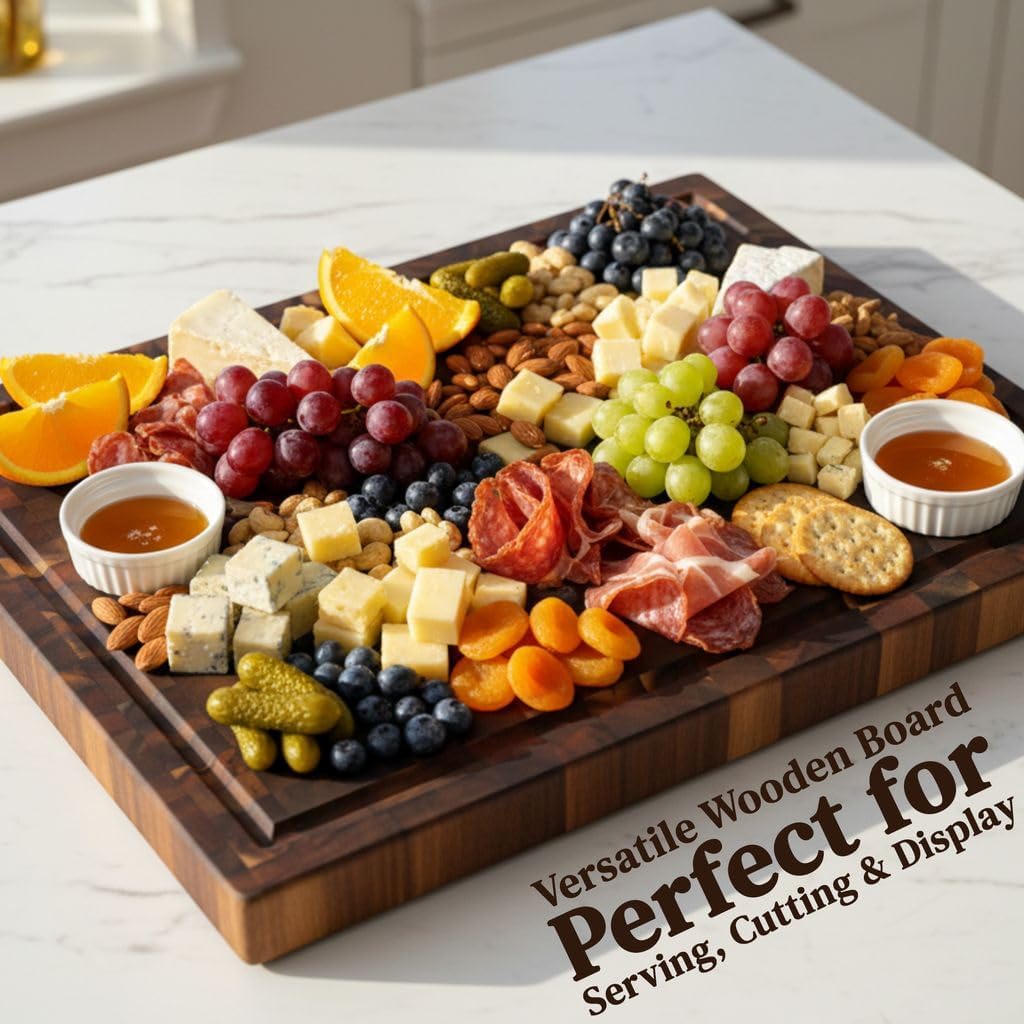 End Grain Acacia Wood Cutting Board 14" x 10" x 1.5", Thick Butcher Block with Deep Juice Groove & Handles. Knife Friendly Solid Hardwood Board for Meat, Chopping, Carving & BBQ by New M Way