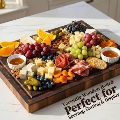 End Grain Acacia Wood Cutting Board 14" x 10" x 1.5", Thick Butcher Block with Deep Juice Groove & Handles. Knife Friendly Solid Hardwood Board for Meat, Chopping, Carving & BBQ by New M Way