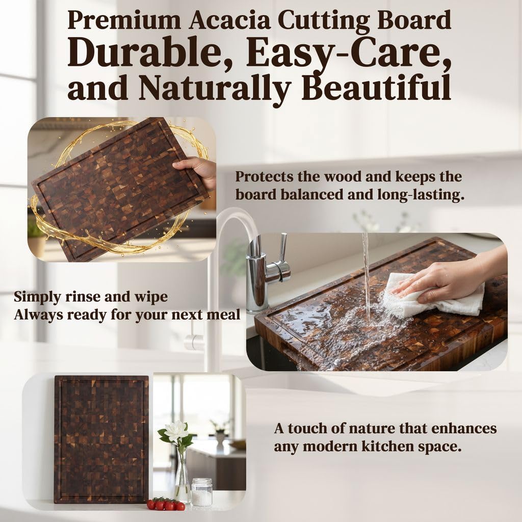 End Grain Acacia Wood Cutting Board 14" x 10" x 1.5", Thick Butcher Block with Deep Juice Groove & Handles. Knife Friendly Solid Hardwood Board for Meat, Chopping, Carving & BBQ by New M Way
