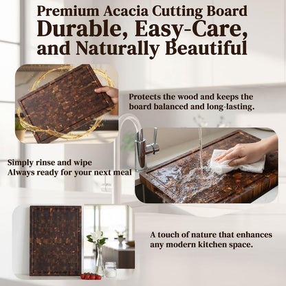 End Grain Acacia Wood Cutting Board 14" x 10" x 1.5", Thick Butcher Block with Deep Juice Groove & Handles. Knife Friendly Solid Hardwood Board for Meat, Chopping, Carving & BBQ by New M Way