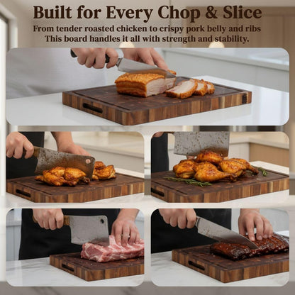 End Grain Acacia Wood Cutting Board 14" x 10" x 1.5", Thick Butcher Block with Deep Juice Groove & Handles. Knife Friendly Solid Hardwood Board for Meat, Chopping, Carving & BBQ by New M Way
