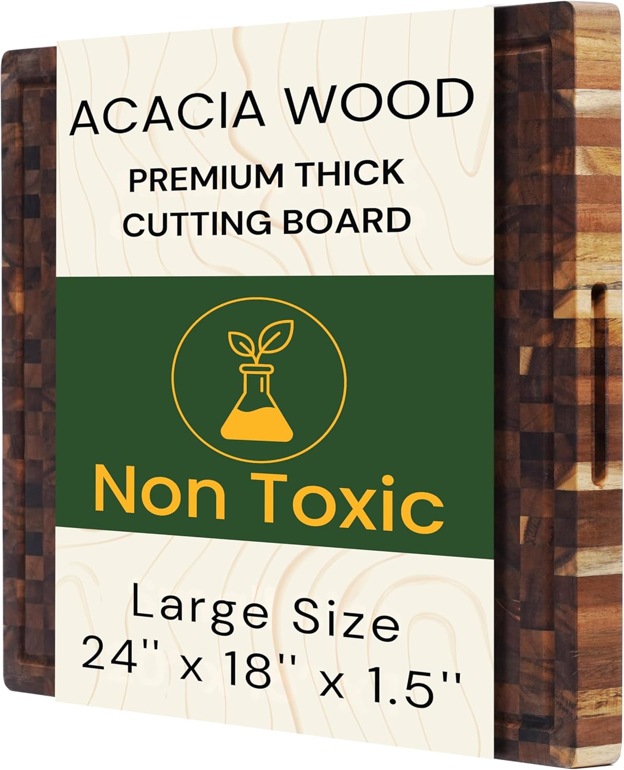 End Grain Acacia Wood Cutting Board 14" x 10" x 1.5", Thick Butcher Block with Deep Juice Groove & Handles. Knife Friendly Solid Hardwood Board for Meat, Chopping, Carving & BBQ by New M Way