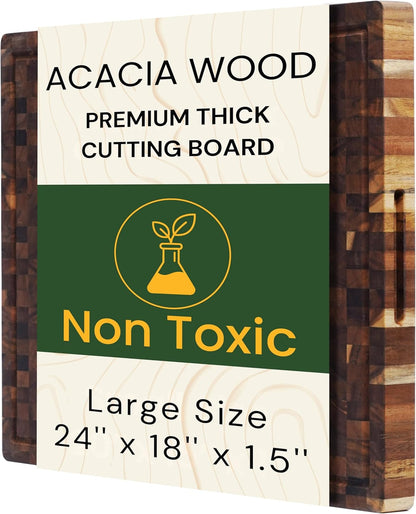 End Grain Acacia Wood Cutting Board 14" x 10" x 1.5", Thick Butcher Block with Deep Juice Groove & Handles. Knife Friendly Solid Hardwood Board for Meat, Chopping, Carving & BBQ by New M Way