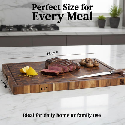 End Grain Acacia Wood Cutting Board 14" x 10" x 1.5", Thick Butcher Block with Deep Juice Groove & Handles. Knife Friendly Solid Hardwood Board for Meat, Chopping, Carving & BBQ by New M Way